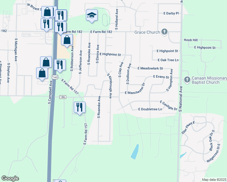 map of restaurants, bars, coffee shops, grocery stores, and more near 5725 South Clay Avenue in Springfield