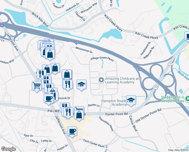 map of restaurants, bars, coffee shops, grocery stores, and more near 626 Valley Forge Drive in Newport News