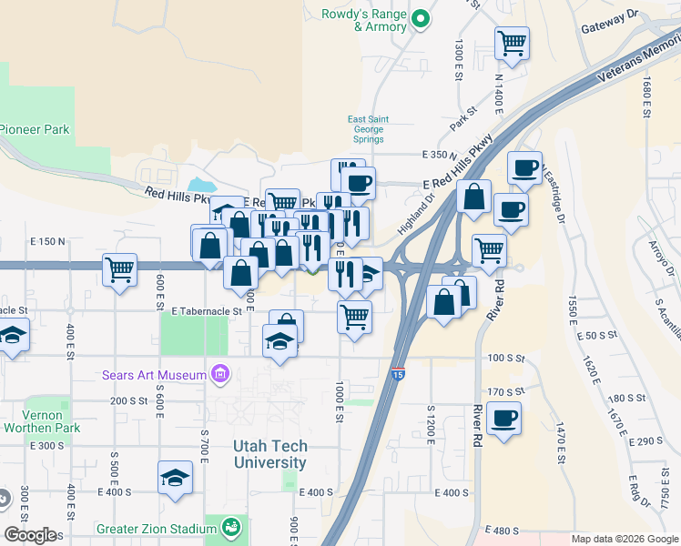 map of restaurants, bars, coffee shops, grocery stores, and more near 71 North 1000 East in St. George
