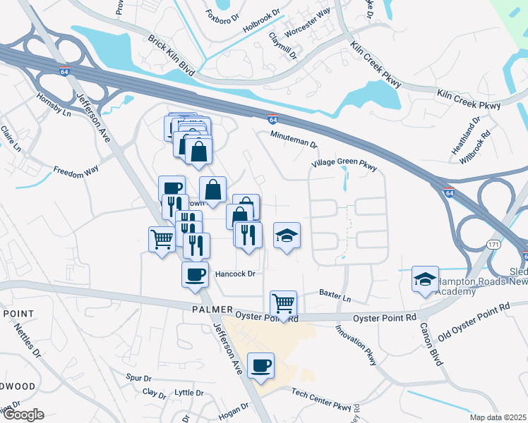 map of restaurants, bars, coffee shops, grocery stores, and more near 629 River Bend Court in Newport News