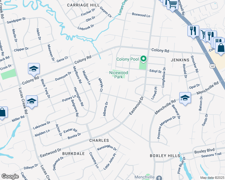 map of restaurants, bars, coffee shops, grocery stores, and more near 204 Alberta Drive in Newport News