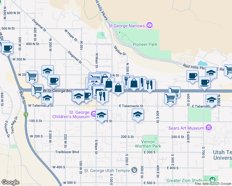 map of restaurants, bars, coffee shops, grocery stores, and more near in St. George