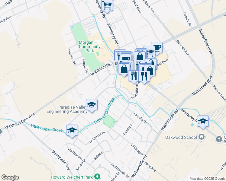 map of restaurants, bars, coffee shops, grocery stores, and more near 142 La Crosse Drive in Morgan Hill