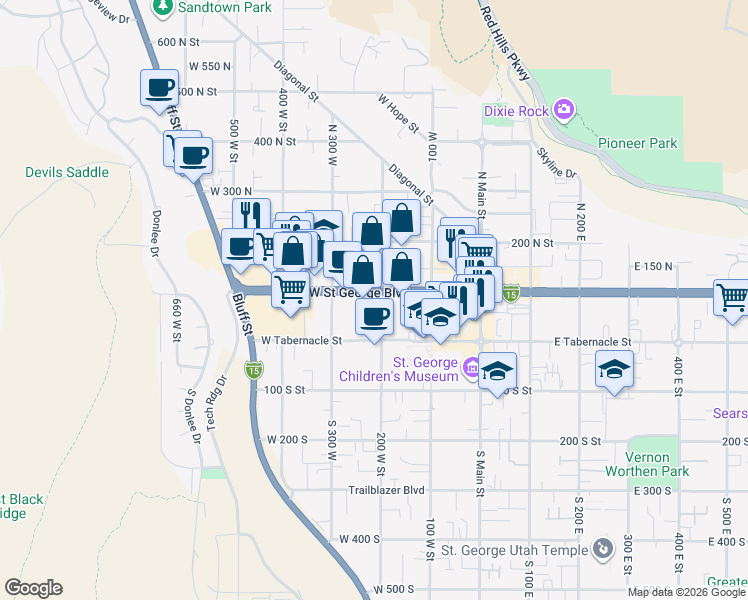 map of restaurants, bars, coffee shops, grocery stores, and more near 200e West Saint George Boulevard in St. George