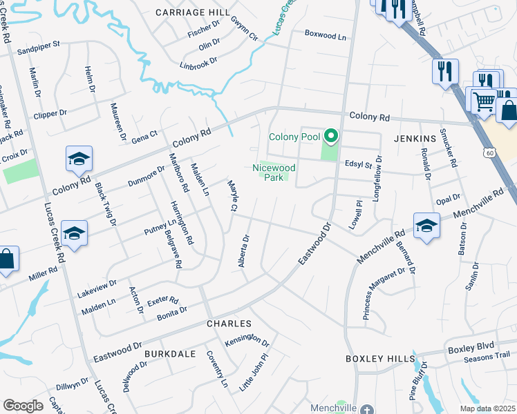 map of restaurants, bars, coffee shops, grocery stores, and more near 204 Alberta Drive in Newport News