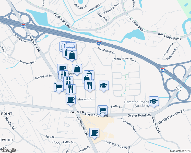 map of restaurants, bars, coffee shops, grocery stores, and more near 638 River Bend Court in Newport News
