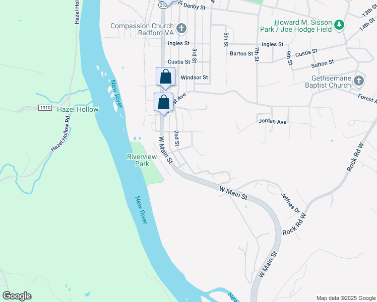 map of restaurants, bars, coffee shops, grocery stores, and more near 2510 3rd Street in Radford