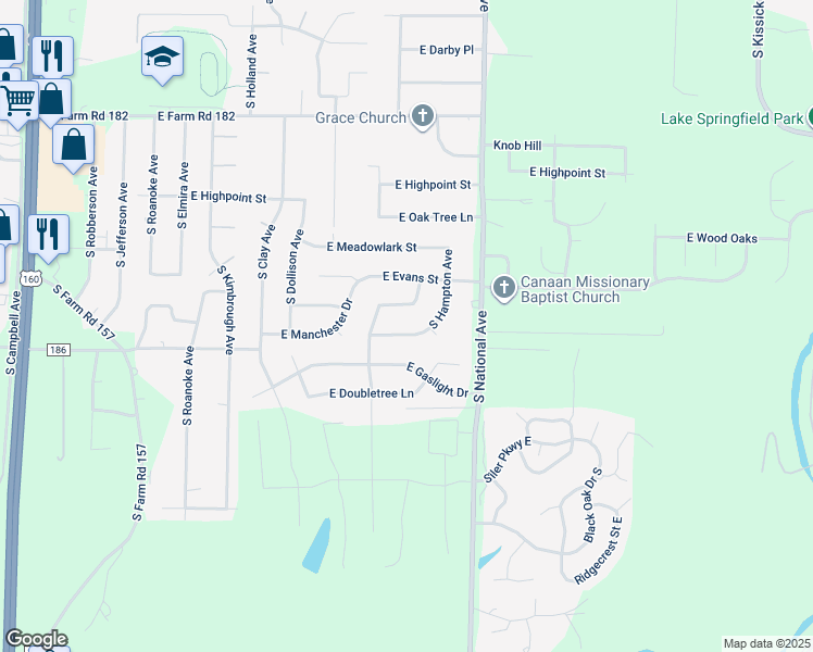 map of restaurants, bars, coffee shops, grocery stores, and more near 1054 E Mentor St in Springfield