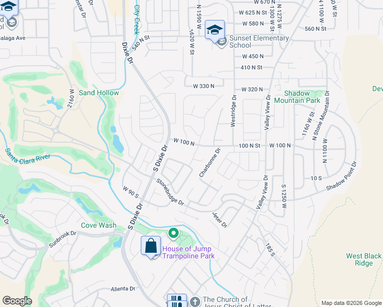 map of restaurants, bars, coffee shops, grocery stores, and more near 1730 Stonebridge Drive in St. George