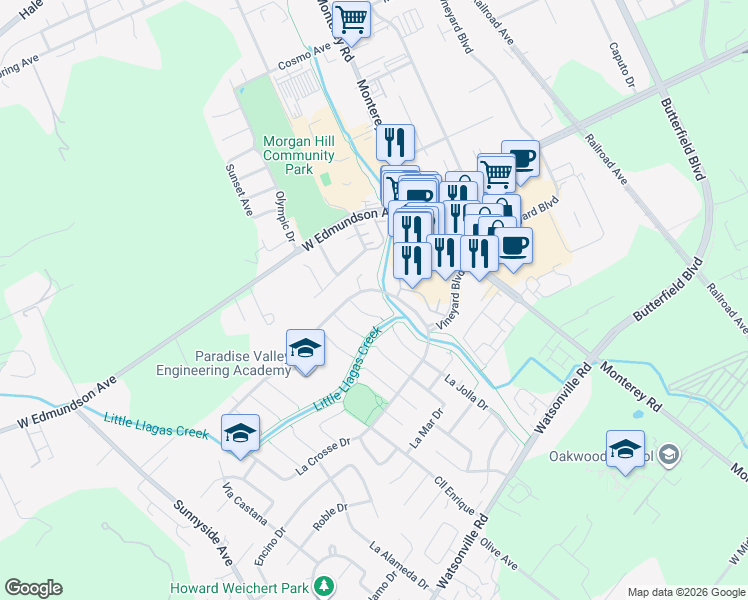 map of restaurants, bars, coffee shops, grocery stores, and more near 99 La Crosse Drive in Morgan Hill