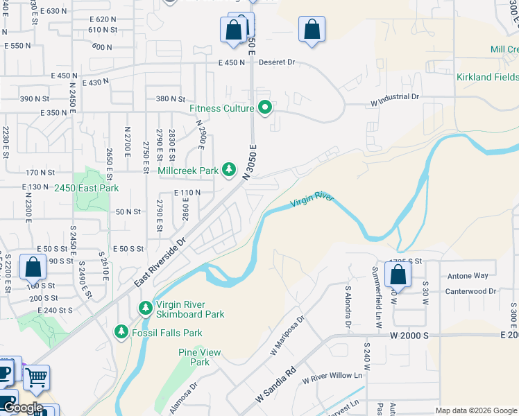 map of restaurants, bars, coffee shops, grocery stores, and more near 150 North 3050 East in St. George