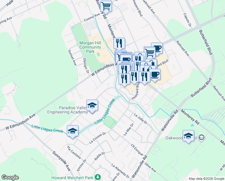 map of restaurants, bars, coffee shops, grocery stores, and more near 140 La Crosse Drive in Morgan Hill