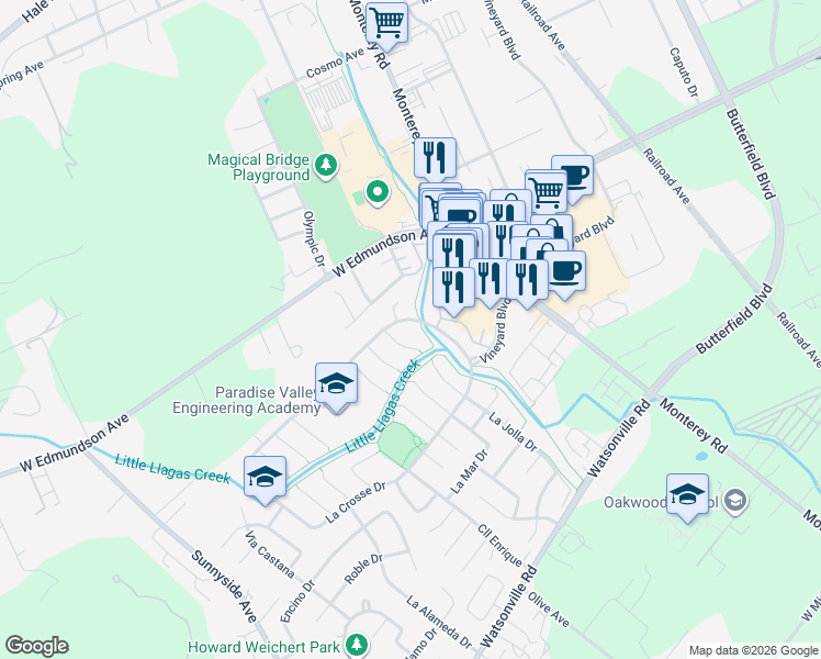 map of restaurants, bars, coffee shops, grocery stores, and more near 140 La Crosse Drive in Morgan Hill