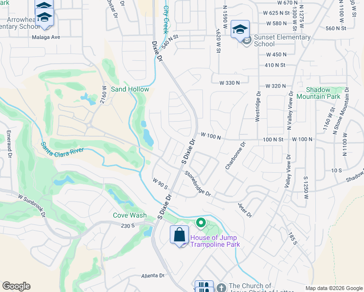 map of restaurants, bars, coffee shops, grocery stores, and more near 1730 Stonebridge Drive in St. George