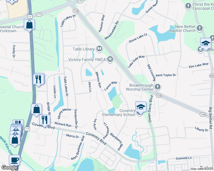 map of restaurants, bars, coffee shops, grocery stores, and more near 107 Lance Way in Yorktown