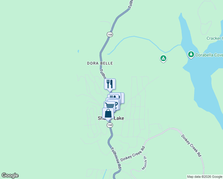 map of restaurants, bars, coffee shops, grocery stores, and more near 42025 Tollhouse Road in Shaver Lake