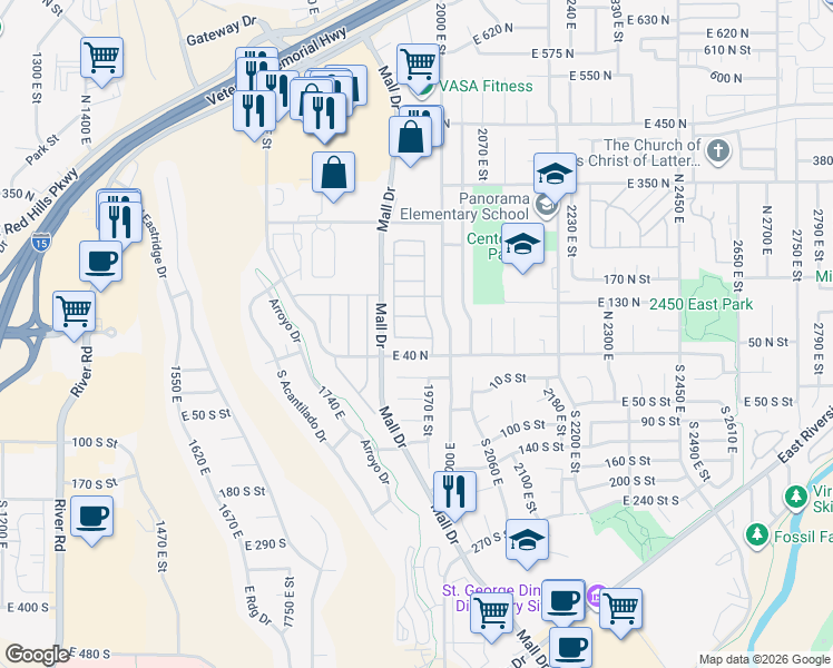 map of restaurants, bars, coffee shops, grocery stores, and more near 210 North Mall Drive in St. George