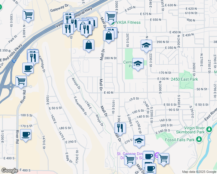 map of restaurants, bars, coffee shops, grocery stores, and more near 210 North Mall Drive in St. George