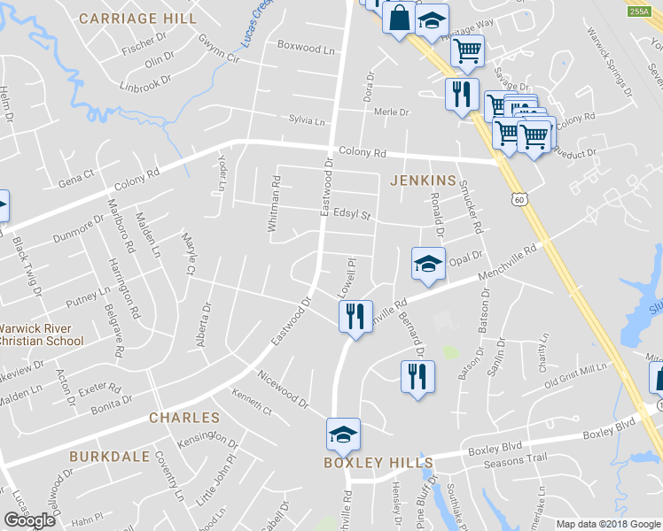 map of restaurants, bars, coffee shops, grocery stores, and more near 203 Cooper Court in Newport News