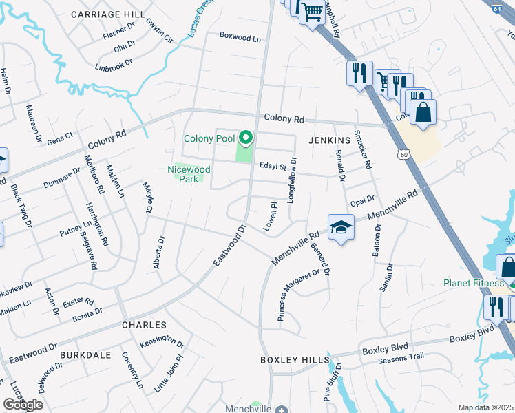 map of restaurants, bars, coffee shops, grocery stores, and more near 203 Cooper Court in Newport News