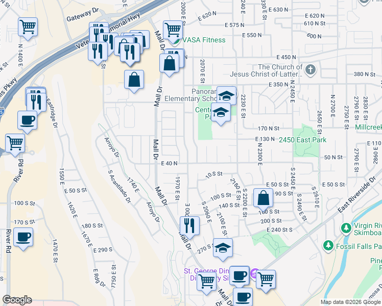 map of restaurants, bars, coffee shops, grocery stores, and more near 78 North 2000 East in St. George