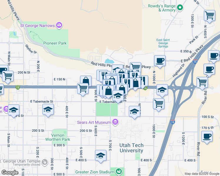 map of restaurants, bars, coffee shops, grocery stores, and more near Utah 34 in St. George