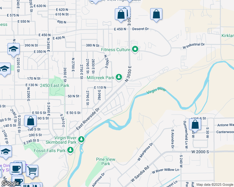 map of restaurants, bars, coffee shops, grocery stores, and more near 2990 East in St. George