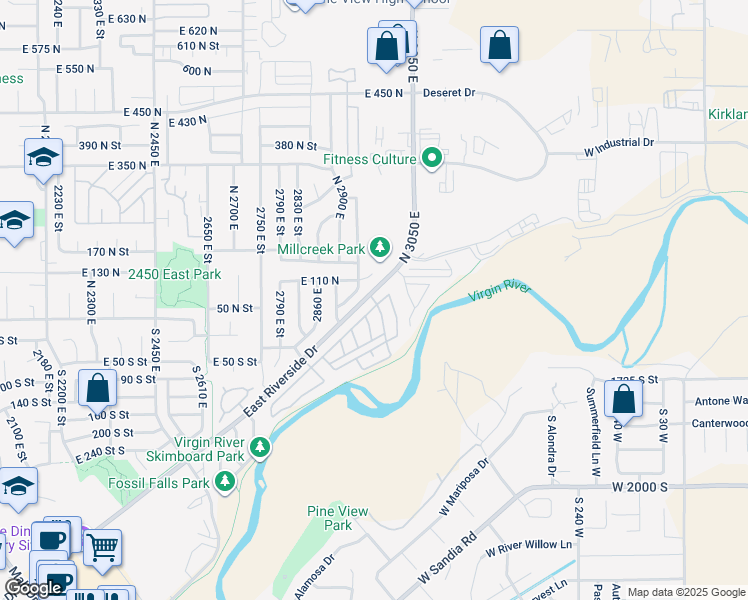 map of restaurants, bars, coffee shops, grocery stores, and more near 2990 East in St. George