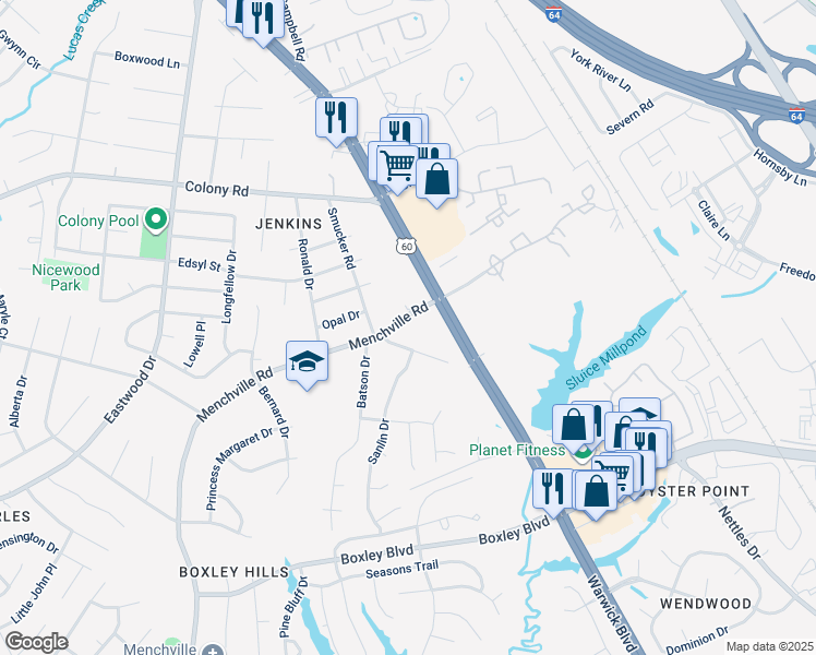map of restaurants, bars, coffee shops, grocery stores, and more near 35 Mennonite Lane in Newport News