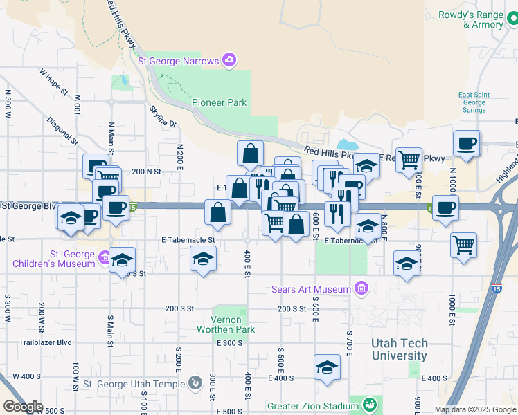 map of restaurants, bars, coffee shops, grocery stores, and more near Utah 34 in St. George