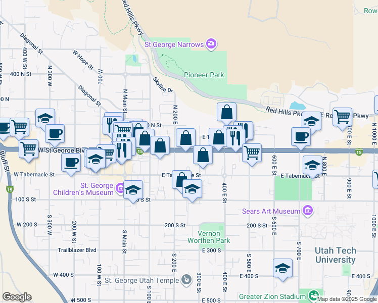 map of restaurants, bars, coffee shops, grocery stores, and more near 262 Utah 34 in St. George
