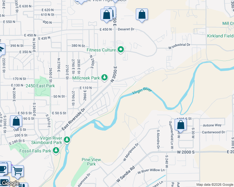map of restaurants, bars, coffee shops, grocery stores, and more near 150 North 3050 East in St. George