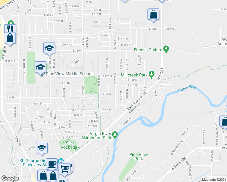 map of restaurants, bars, coffee shops, grocery stores, and more near 81 North 2750 East in St. George
