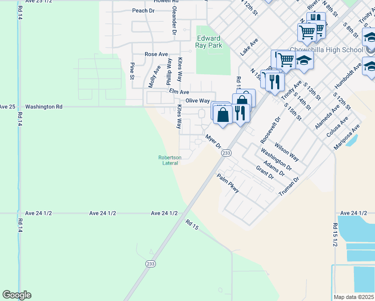 map of restaurants, bars, coffee shops, grocery stores, and more near 297 Myer Drive in Chowchilla