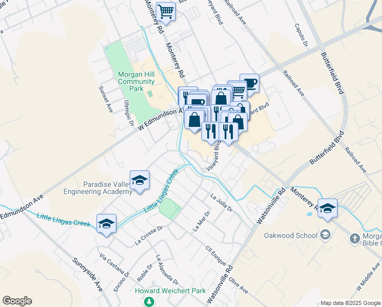 map of restaurants, bars, coffee shops, grocery stores, and more near 141 Village Circle in Morgan Hill
