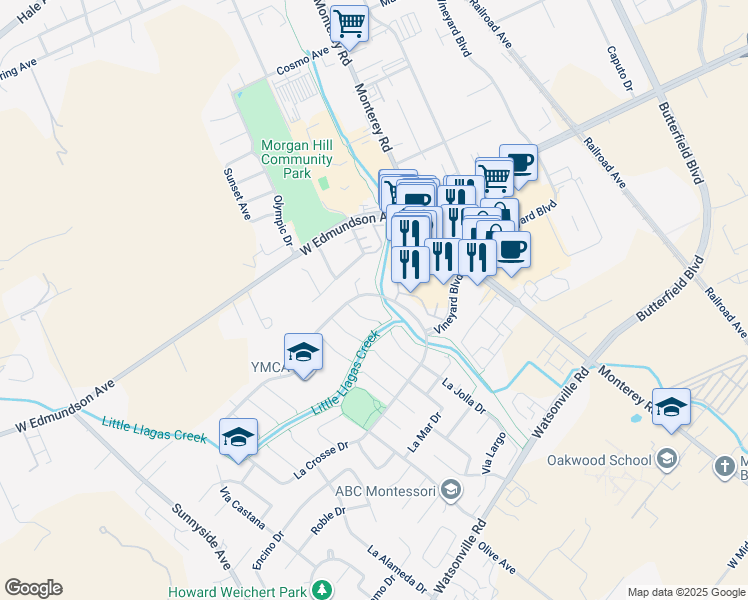 map of restaurants, bars, coffee shops, grocery stores, and more near 141 Village Circle in Morgan Hill