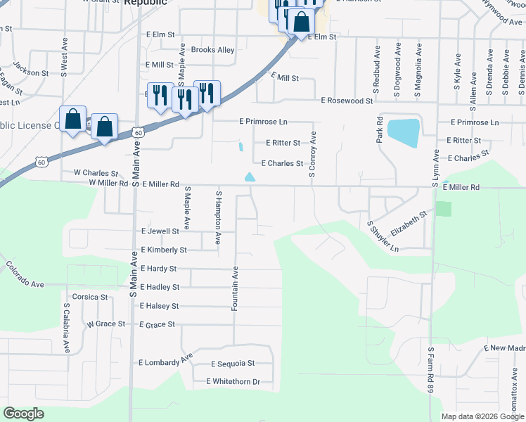 map of restaurants, bars, coffee shops, grocery stores, and more near 630 South Cully Avenue in Republic