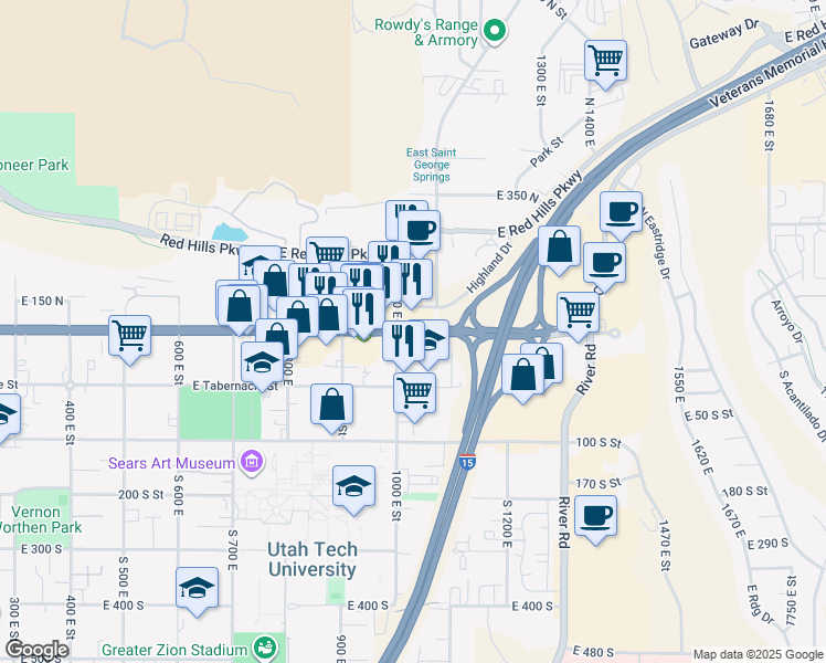 map of restaurants, bars, coffee shops, grocery stores, and more near 1175 Utah 34 in St. George