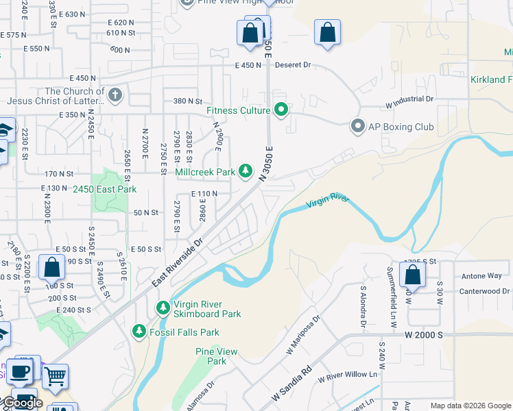map of restaurants, bars, coffee shops, grocery stores, and more near 352 East Riverside Drive in St. George