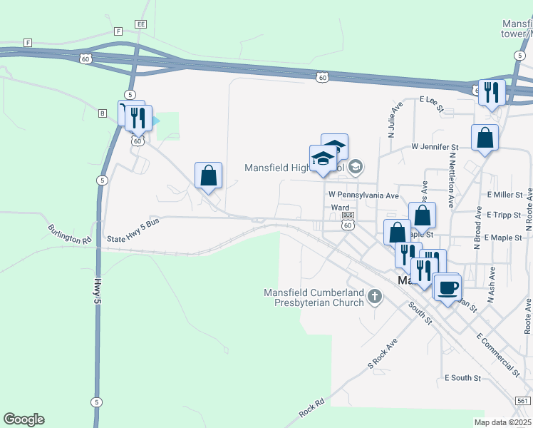 map of restaurants, bars, coffee shops, grocery stores, and more near 624-704 West Commercial Street in Mansfield
