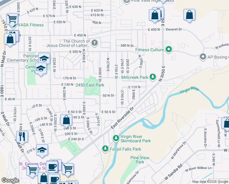 map of restaurants, bars, coffee shops, grocery stores, and more near 81 North 2750 East in St. George