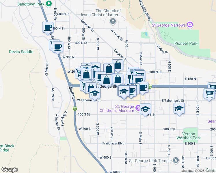 map of restaurants, bars, coffee shops, grocery stores, and more near 227 St. George Boulevard in St. George