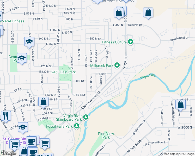 map of restaurants, bars, coffee shops, grocery stores, and more near 78 North 2820 East in Saint George