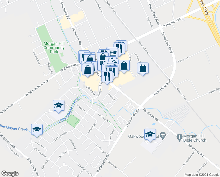 map of restaurants, bars, coffee shops, grocery stores, and more near 15745 Monterey Road in Morgan Hill