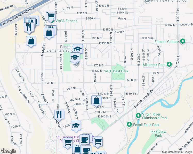 map of restaurants, bars, coffee shops, grocery stores, and more near 82 North 2350 East Circle in St. George