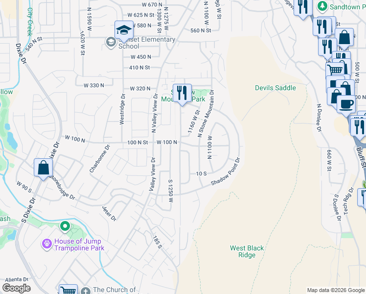 map of restaurants, bars, coffee shops, grocery stores, and more near 1157 West 120 North in St. George
