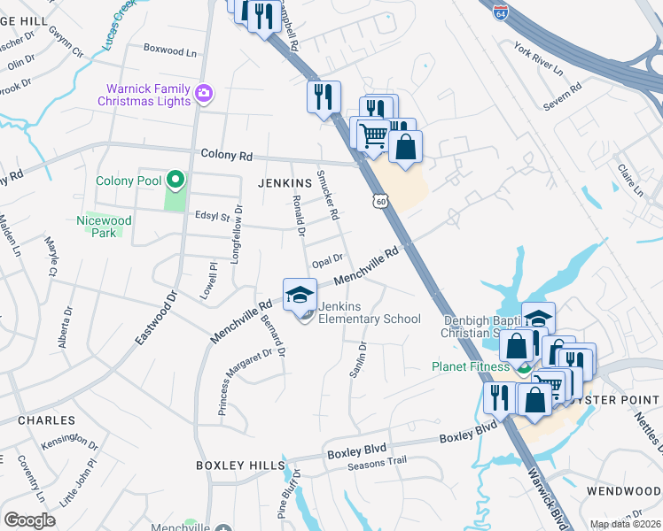 map of restaurants, bars, coffee shops, grocery stores, and more near 110 Opal Drive in Newport News