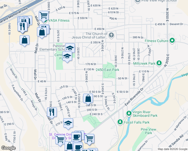 map of restaurants, bars, coffee shops, grocery stores, and more near 82 N 2350 E Cir in St George