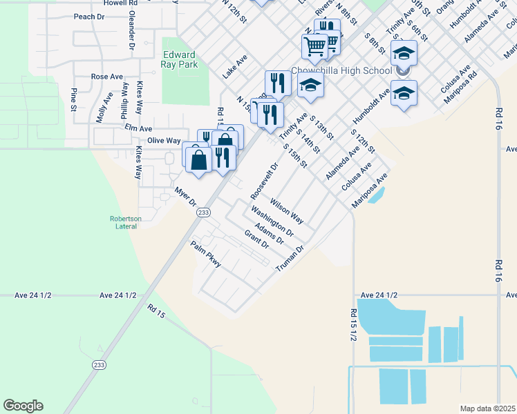 map of restaurants, bars, coffee shops, grocery stores, and more near 405 Washington Drive in Chowchilla