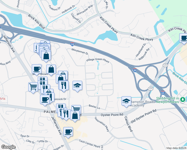 map of restaurants, bars, coffee shops, grocery stores, and more near 612 Valley Forge Drive in Newport News